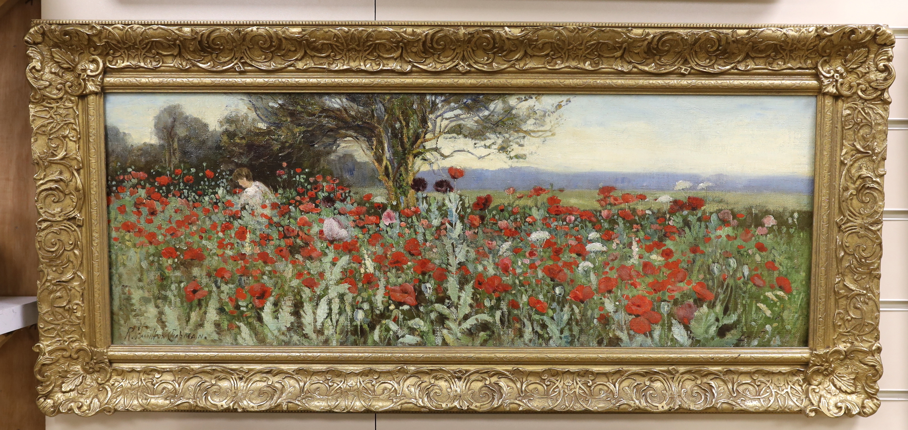 Robert Hamilton Chapman (1881-1923), oil on canvas, Children in a poppy field, signed, 27 x 75cm